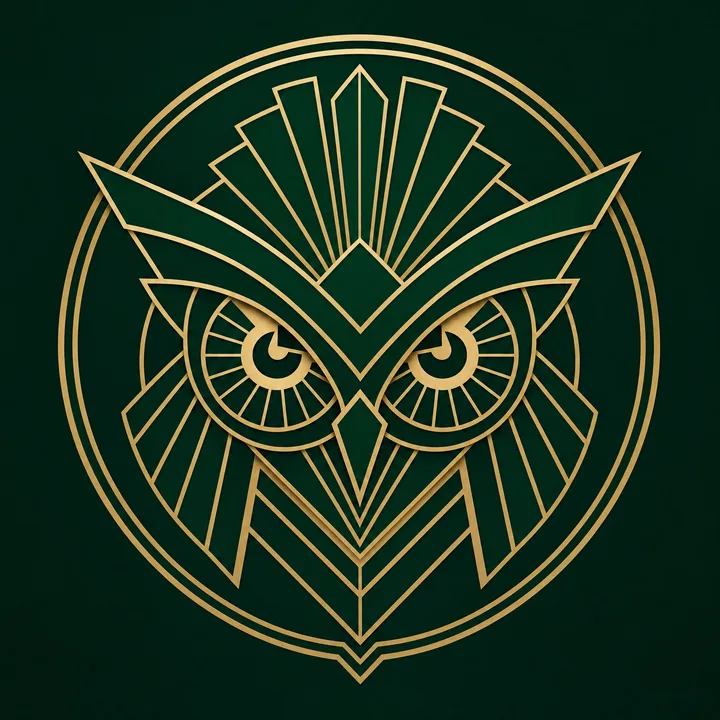 Gold art-deco owl medallion: a geometric owl face of fanned sunburst rays and chevrons on deep emerald.
