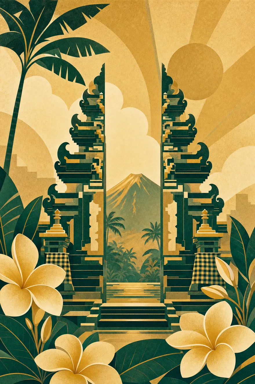 Art-deco travel poster of Bali: a carved temple gate framed by frangipani flowers with a volcano silhouette rising behind, rendered in emerald and champagne gold.