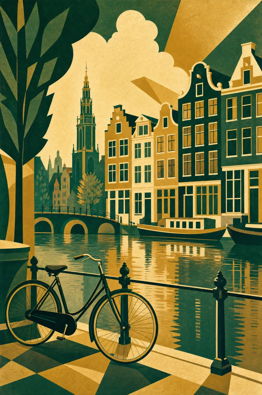 Art-deco travel poster of Amsterdam: gabled canal houses and a church spire in emerald and gold, a bicycle resting on the quay rail beside still canal water.