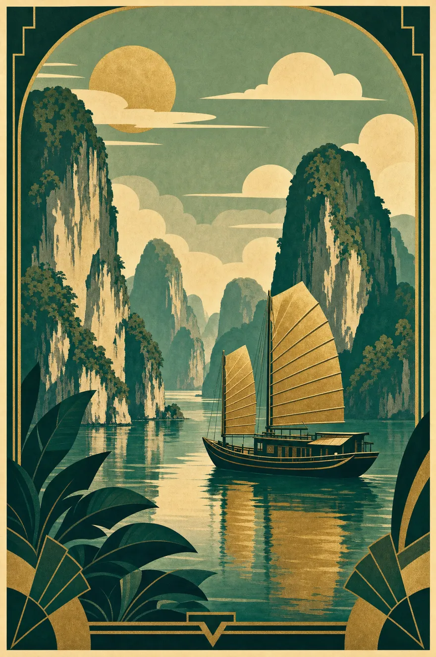 Art-deco travel poster of Ha Long Bay: a junk boat with ribbed sails gliding between towering limestone karsts, in emerald green and gold.
